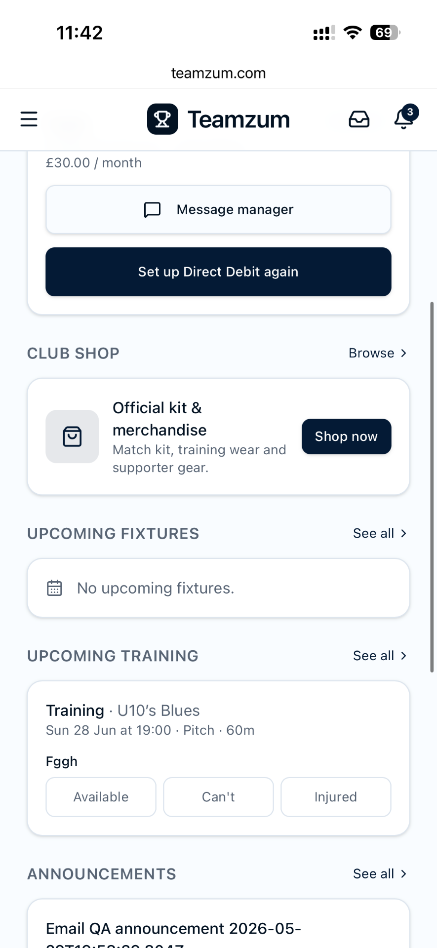 Westbridge Rovers parent app on iPhone