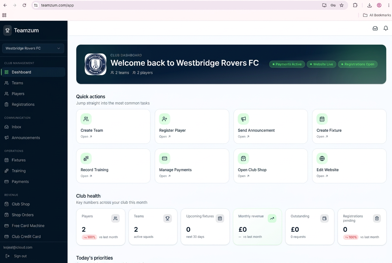 Westbridge Rovers club admin dashboard in Teamzum